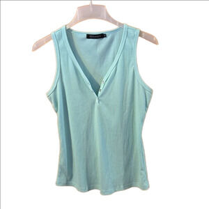Merokeety V-Neck Sea Green Tank Top Ribbed Henley Shirts Size M